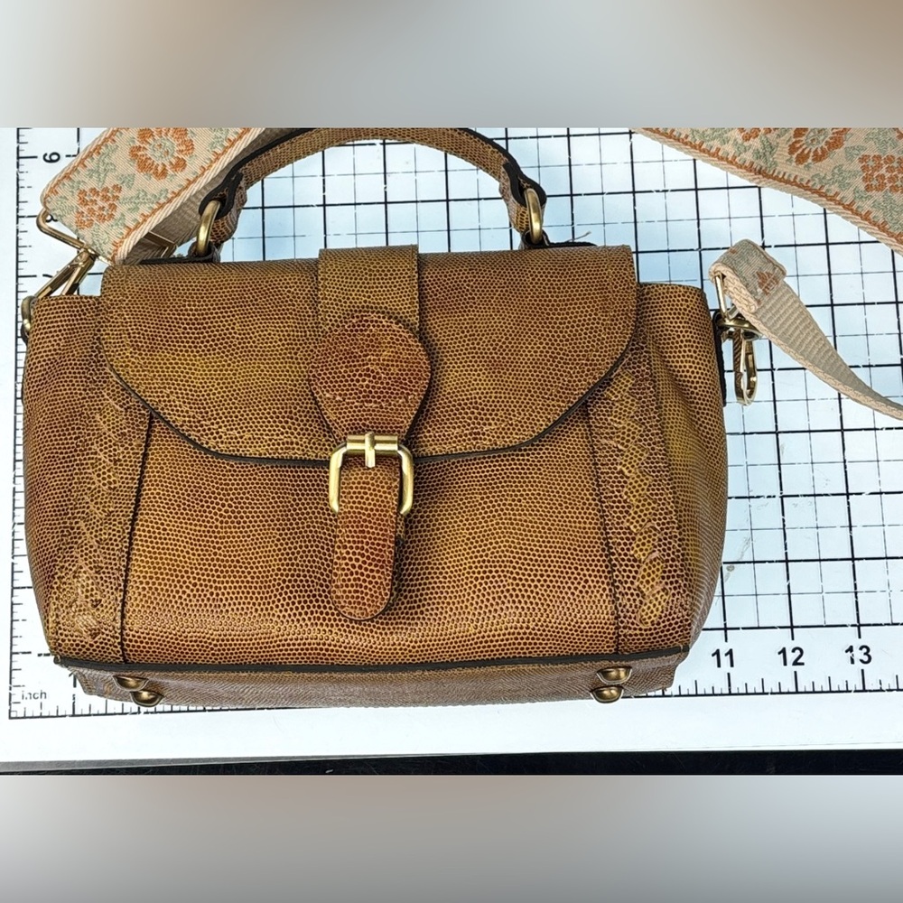 Patricia Nash Kirton lizard embossed Leather Brown Handbag with Floral Strap